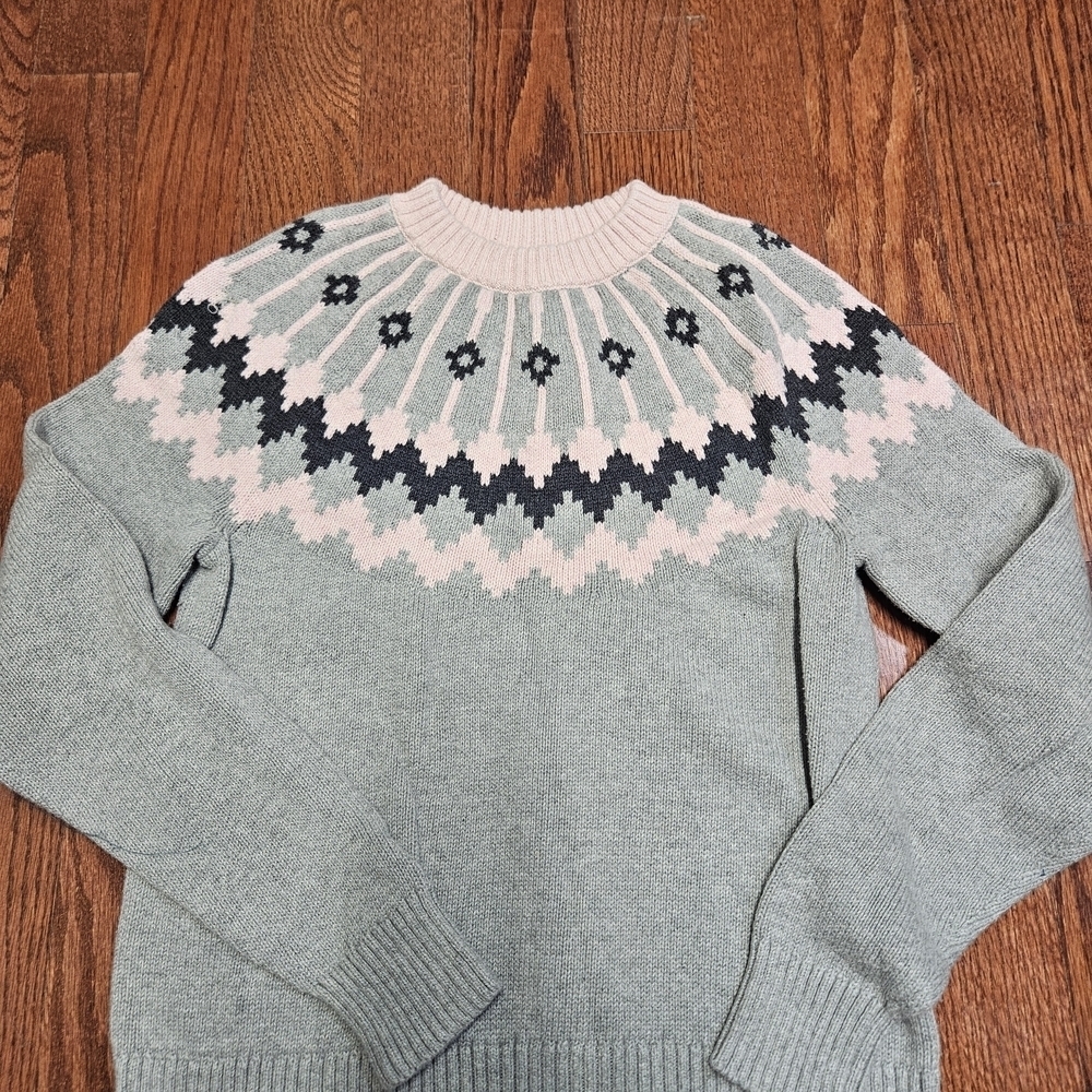 J. Crew Gray and Pink Crew Neck Sweater with Nordic Patterns